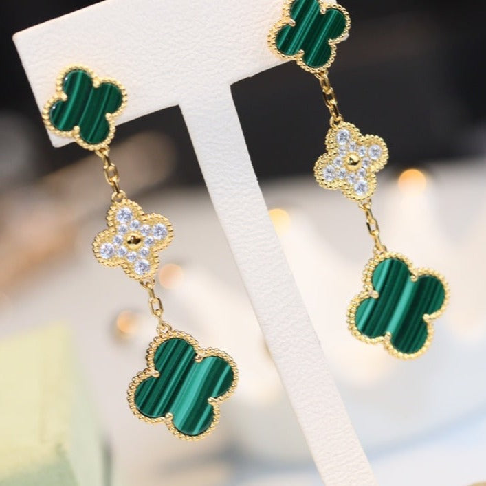 [Renovia Jewelry]CLOVER EARRINGS GOLD MALACHITE DIAMOND 3 MOTIF