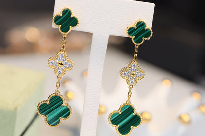[Renovia Jewelry]CLOVER EARRINGS GOLD MALACHITE DIAMOND 3 MOTIF