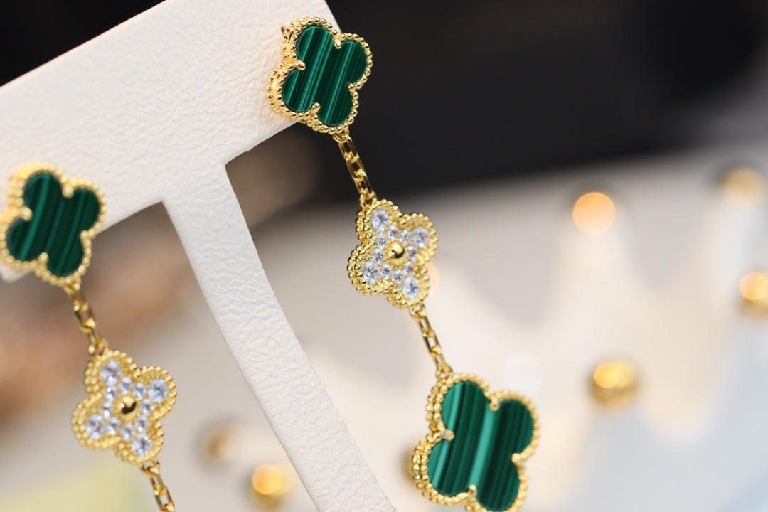 [Renovia Jewelry]CLOVER EARRINGS GOLD MALACHITE DIAMOND 3 MOTIF