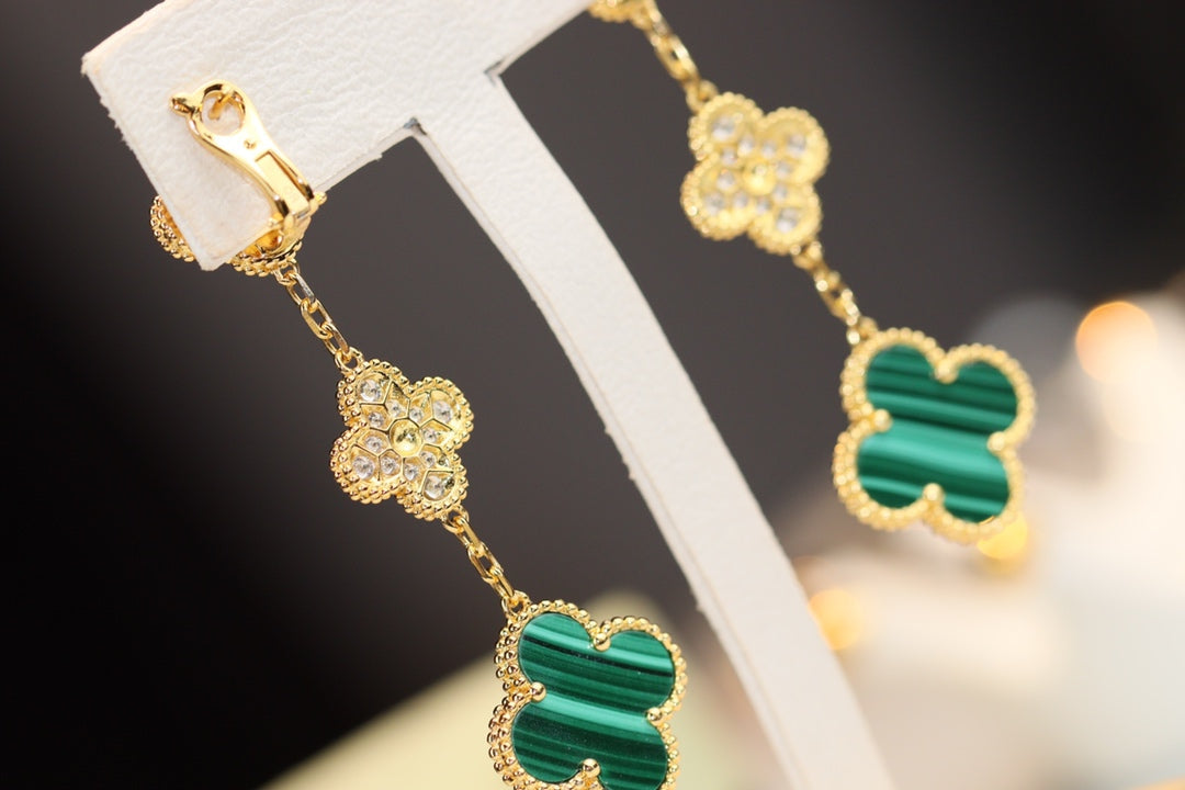 [Renovia Jewelry]CLOVER EARRINGS GOLD MALACHITE DIAMOND 3 MOTIF