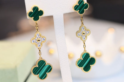 [Renovia Jewelry]CLOVER EARRINGS GOLD MALACHITE DIAMOND 3 MOTIF