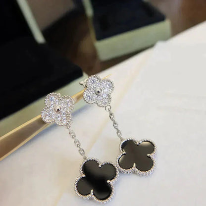 [Renovia Jewelry]CLOVER 2 MOTIFS  DIAMOND ONYX EARRINGS SILVER