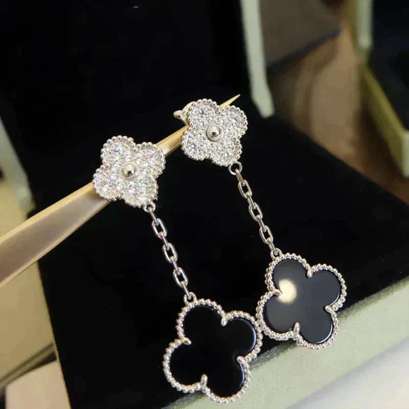 [Renovia Jewelry]CLOVER 2 MOTIFS  DIAMOND ONYX EARRINGS SILVER