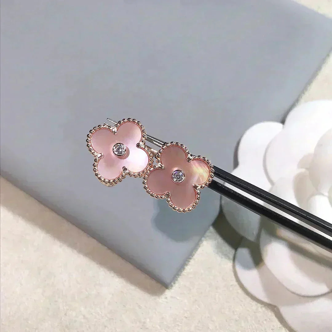 [Renovia Jewelry]CLOVER MEDIUM 1 MOTIFS  PINK MOP DIAMOND EARRINGS