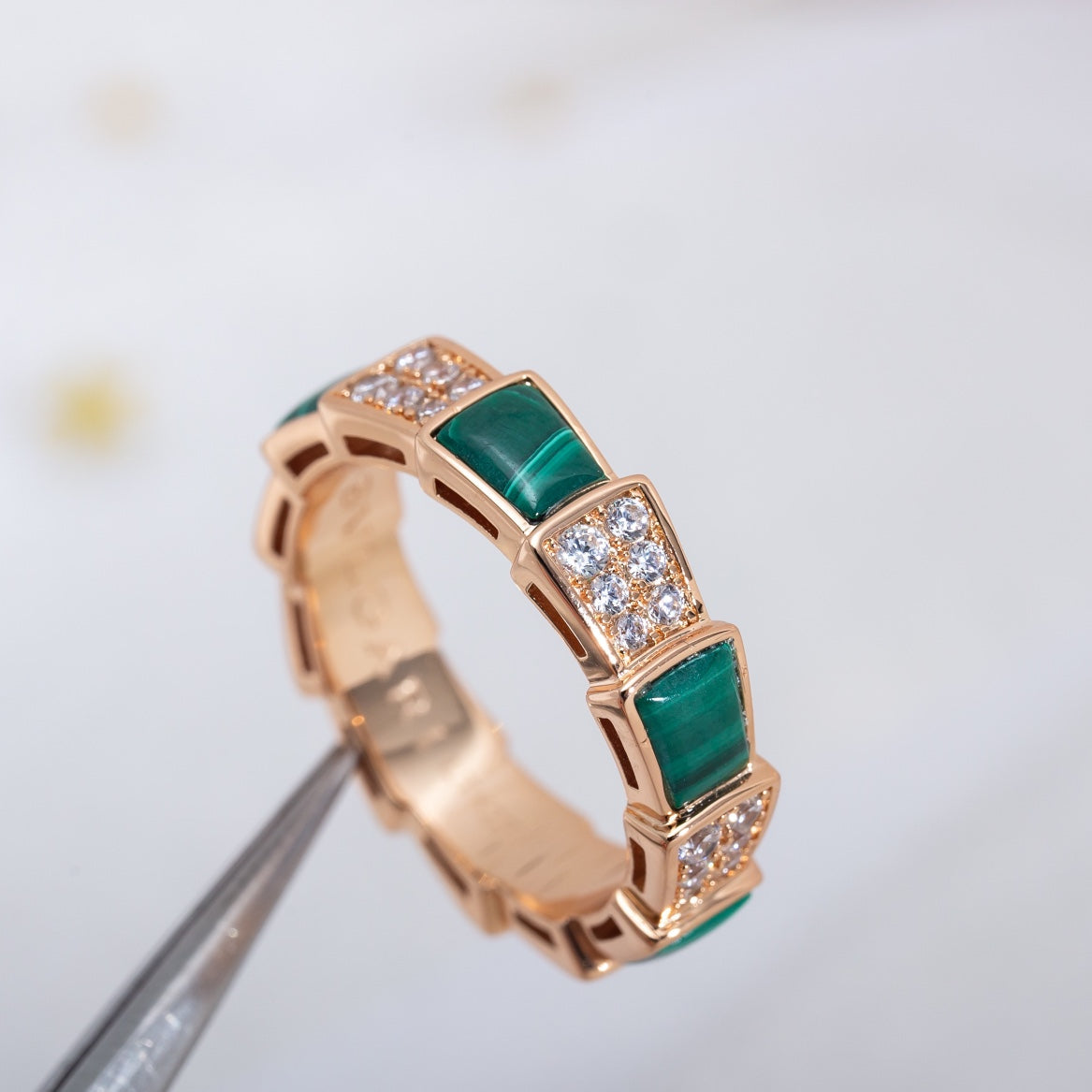 [Renovia Jewelry]SERPENTI RING PINK GOLD MALACHITE DIAMOND PAVED 4MM