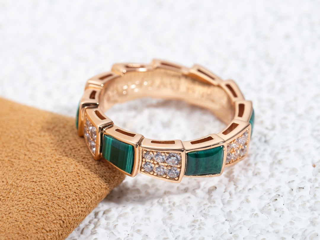 [Renovia Jewelry]SERPENTI RING PINK GOLD MALACHITE DIAMOND PAVED 4MM