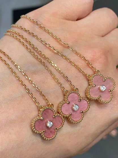 [Renovia Jewelry]CLOVER 15MM DIAMOND RHODONITE NECKLACE