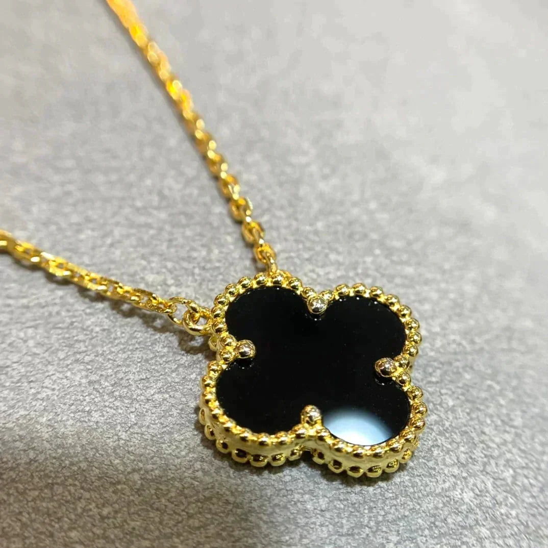 [Renovia Jewelry]CLOVER 15MM BLACK ONYX SINGLE FLOWER NECKLACE