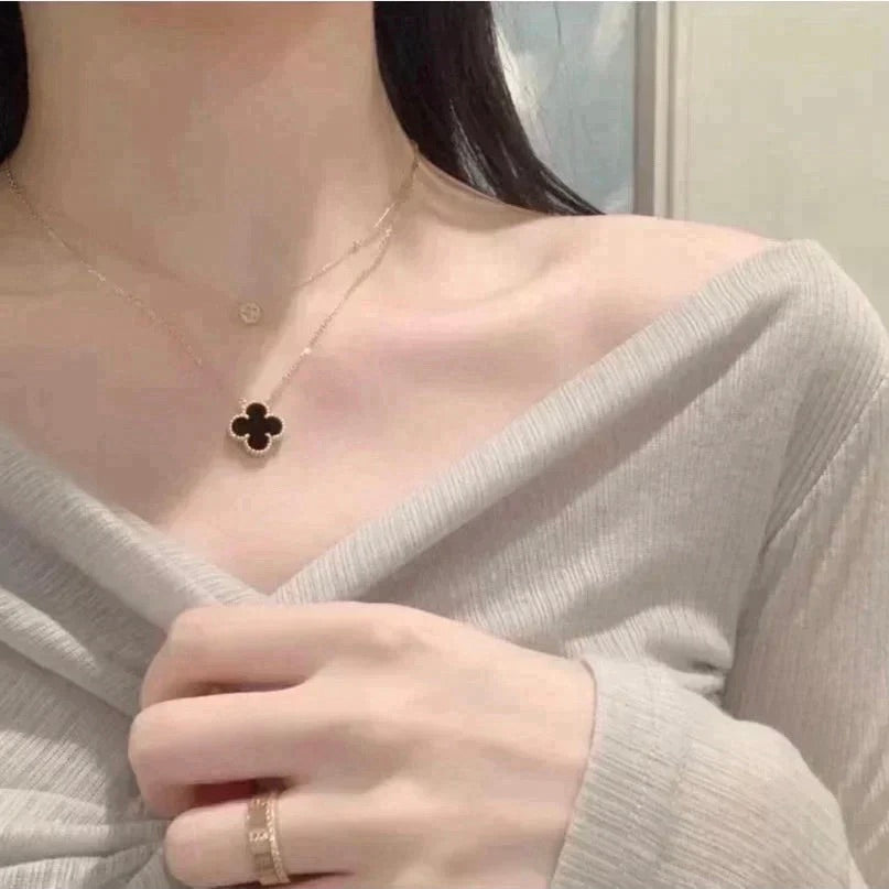 [Renovia Jewelry]CLOVER 15MM BLACK ONYX SINGLE FLOWER NECKLACE