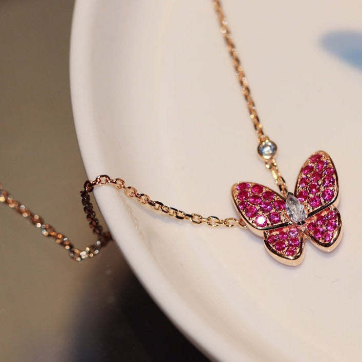 [Renovia Jewelry]BUTTERFLY RED DIAMOND ROSE GOLD NECKLACE
