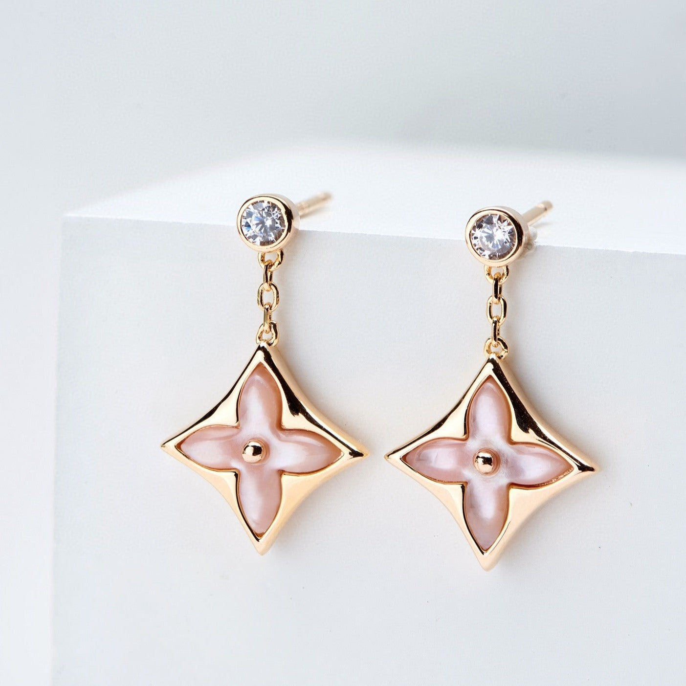 [Renovia Jewelry]DOUBLE STAR PINK GOLD MOP DROP EARRINGS