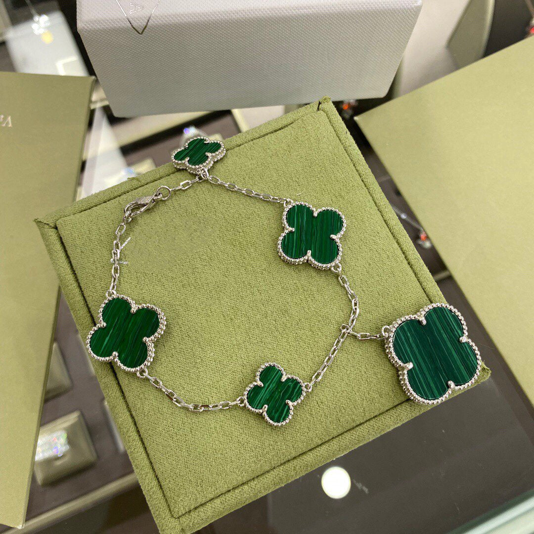 [Renovia Jewelry]CLOVER 5 MOTIFS SIVLER MALACHITE BRACELET