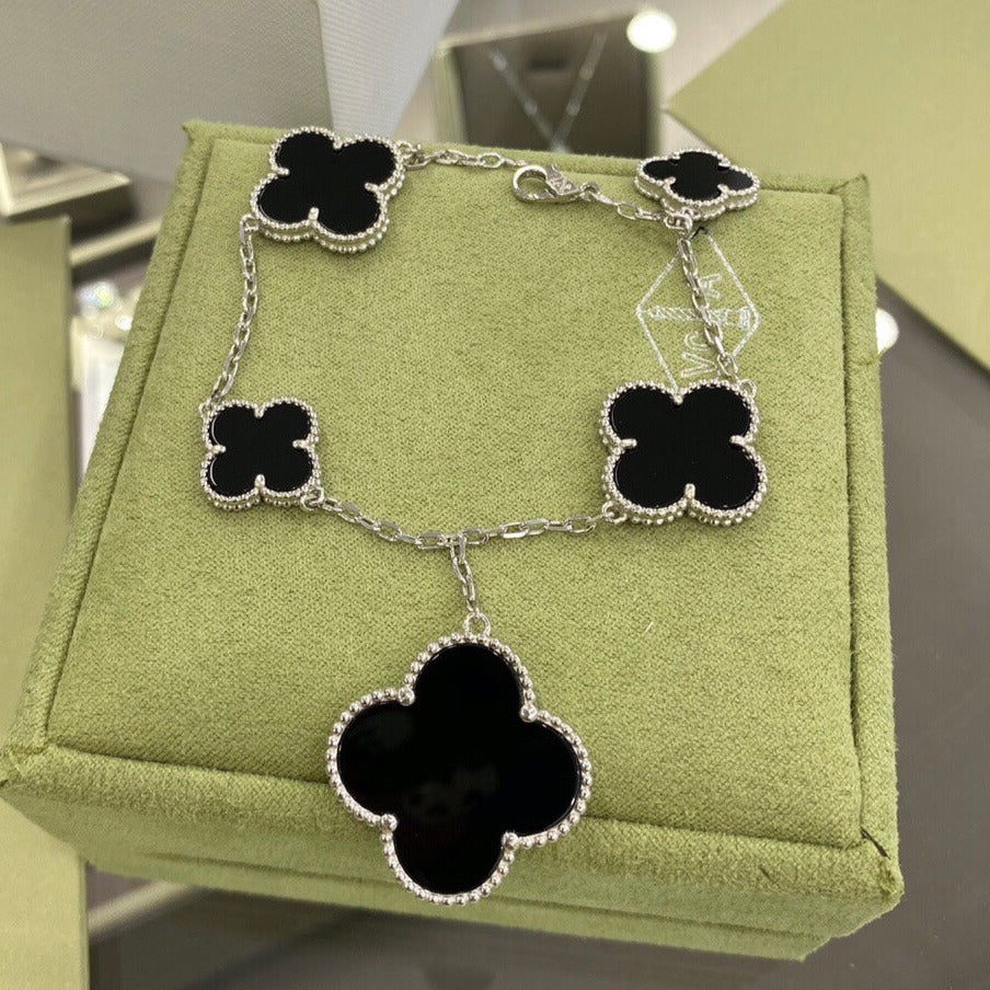[Renovia Jewelry]CLOVER 5 MOTIFS SIVLER ONYX BRACELET