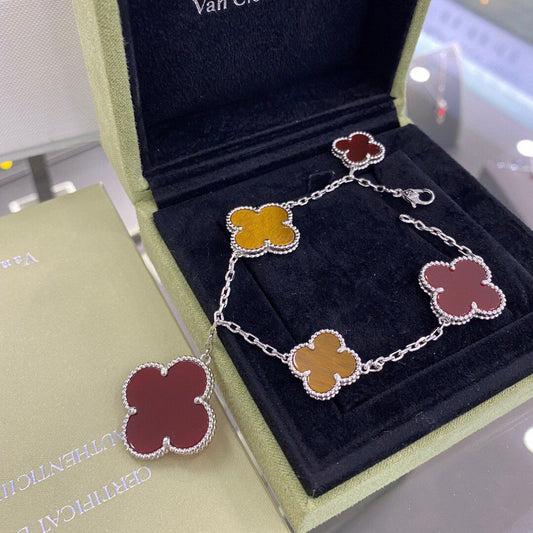 [Renovia Jewelry]CLOVER 5 MOTIFS SIVLER CARNELIAN TIGER EYE BRACELET