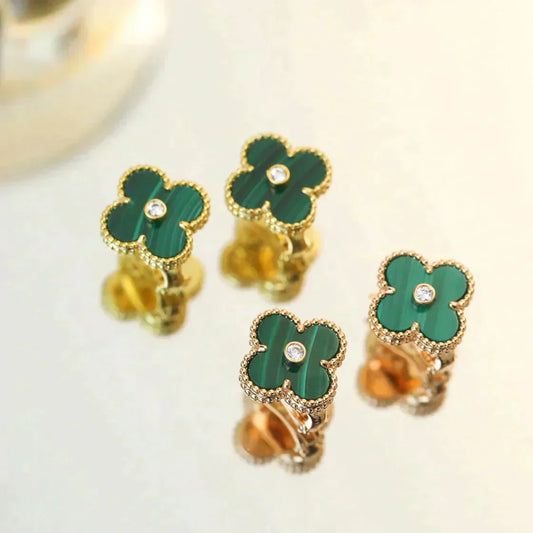 [Renovia Jewelry]CLOVER MEDIUM 1 MOTIFS MALACHITE DIAMOND EARRINGS