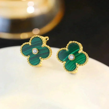 [Renovia Jewelry]CLOVER MEDIUM 1 MOTIFS MALACHITE DIAMOND EARRINGS