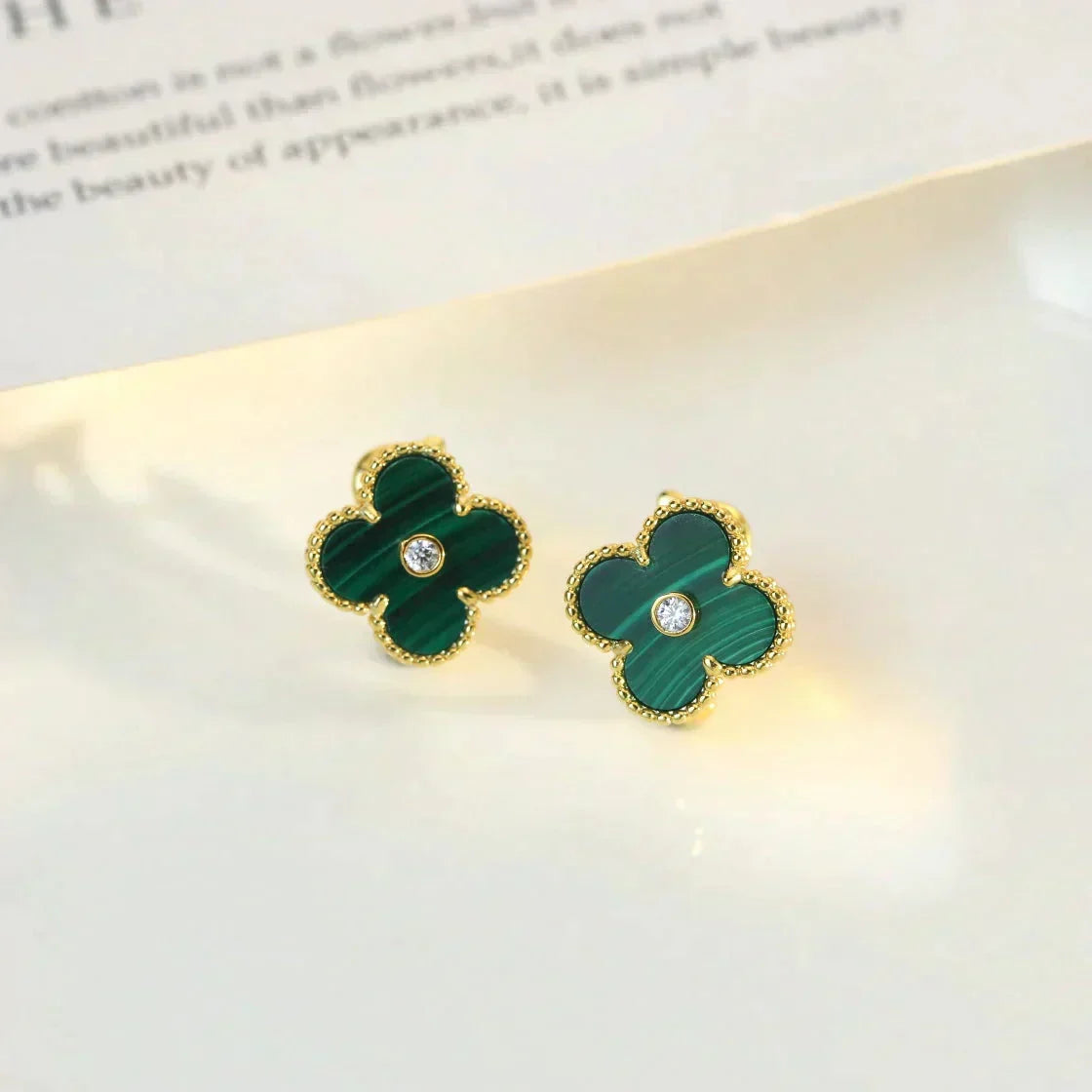 [Renovia Jewelry]CLOVER MEDIUM 1 MOTIFS MALACHITE DIAMOND EARRINGS