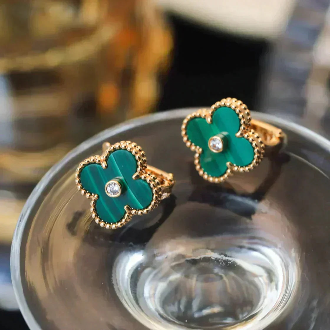 [Renovia Jewelry]CLOVER MEDIUM 1 MOTIFS MALACHITE DIAMOND EARRINGS