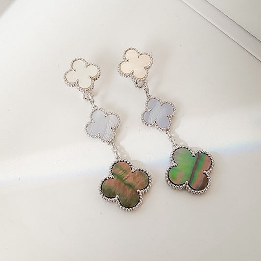 [Renovia Jewelry]CLOVER 3 MOTIFS CHALCEDONY DARK MOP SILVER EARRINGS