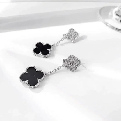 [Renovia Jewelry]CLOVER 2 MOTIFS  DIAMOND ONYX EARRINGS SILVER