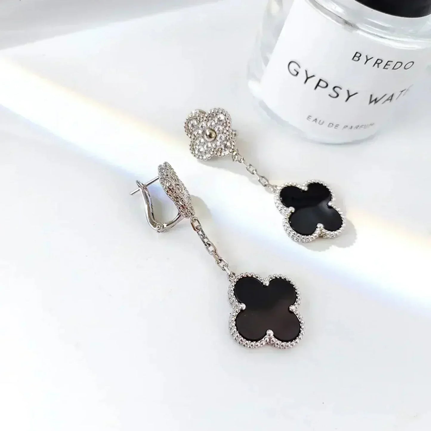 [Renovia Jewelry]CLOVER 2 MOTIFS  DIAMOND ONYX EARRINGS SILVER