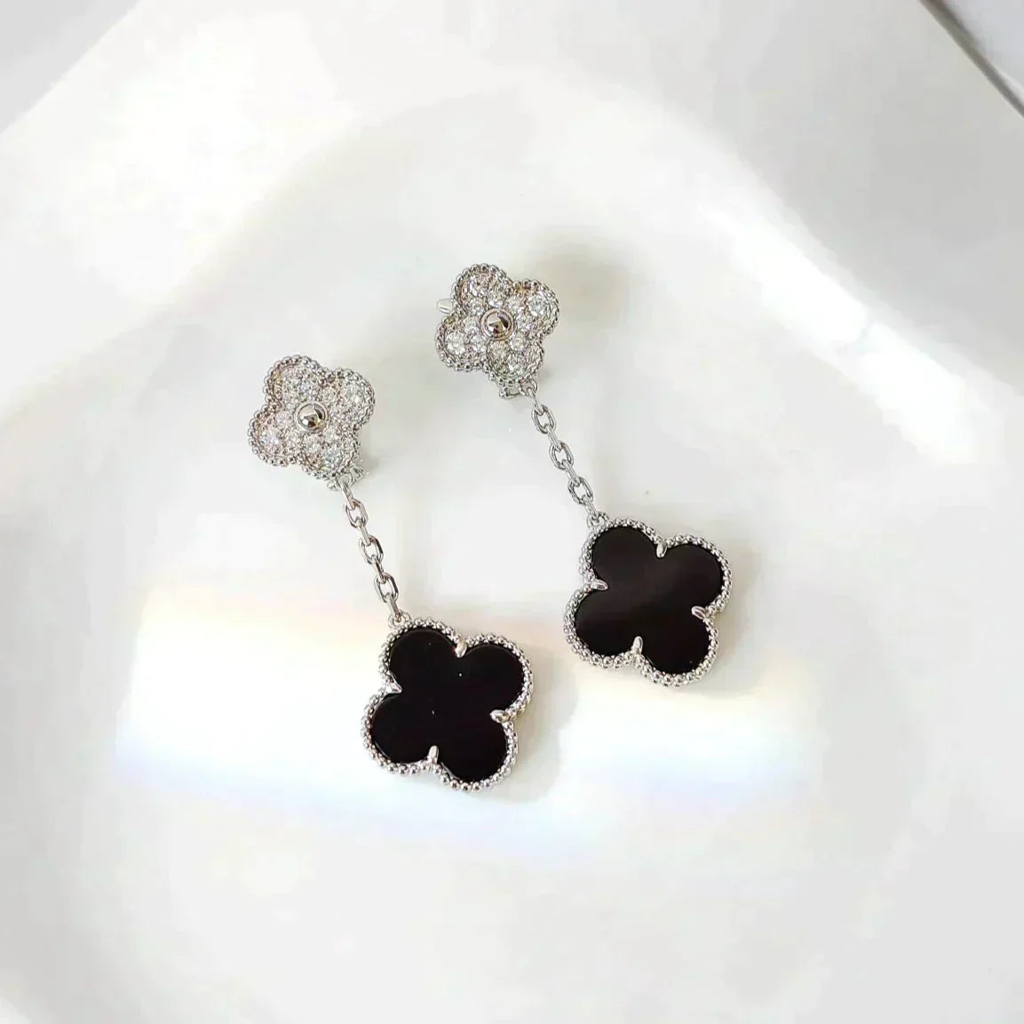[Renovia Jewelry]CLOVER 2 MOTIFS  DIAMOND ONYX EARRINGS SILVER