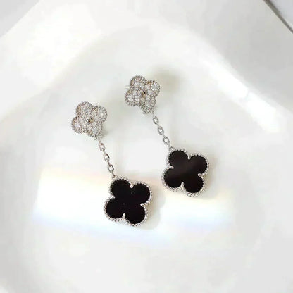 [Renovia Jewelry]CLOVER 2 MOTIFS  DIAMOND ONYX EARRINGS SILVER