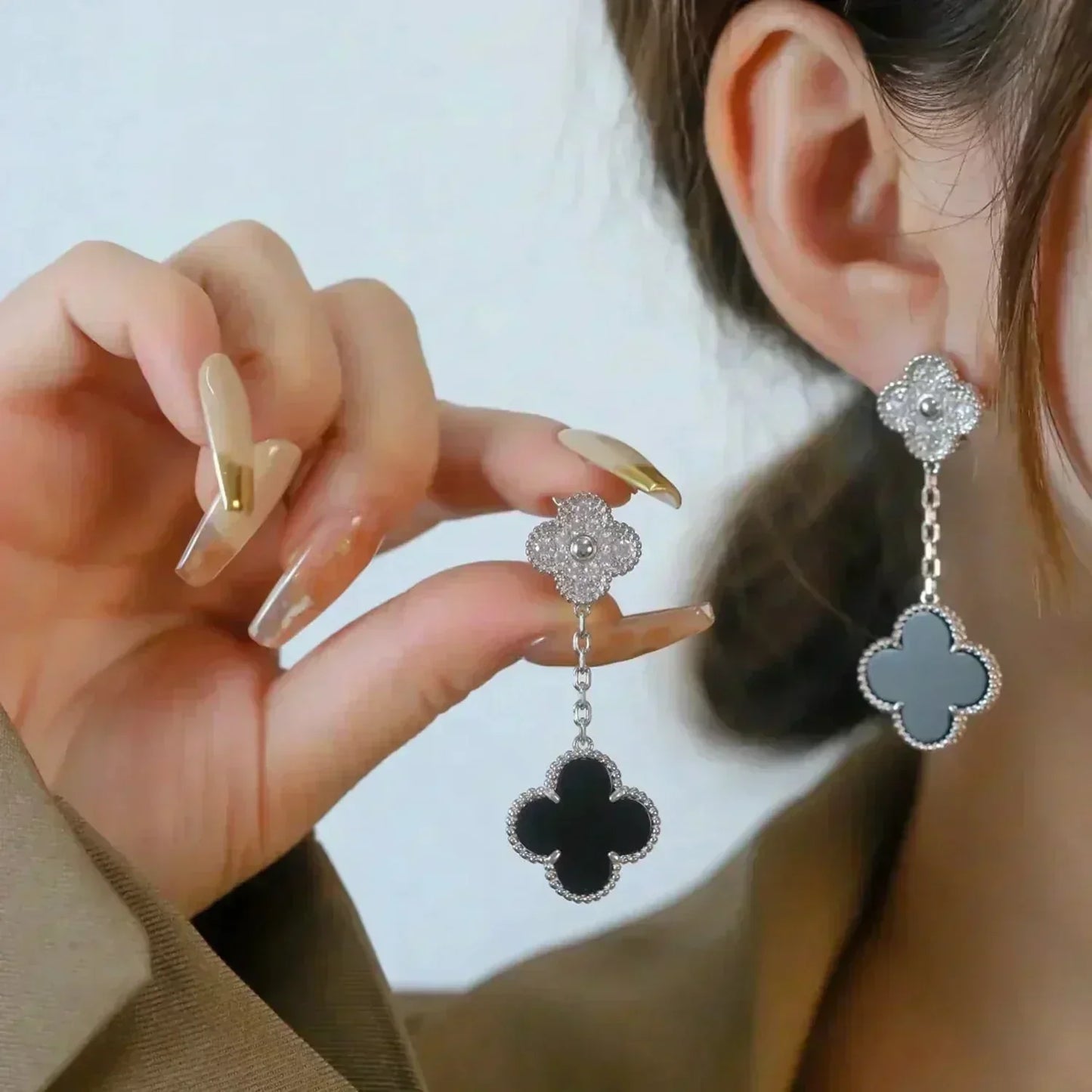 [Renovia Jewelry]CLOVER 2 MOTIFS  DIAMOND ONYX EARRINGS SILVER