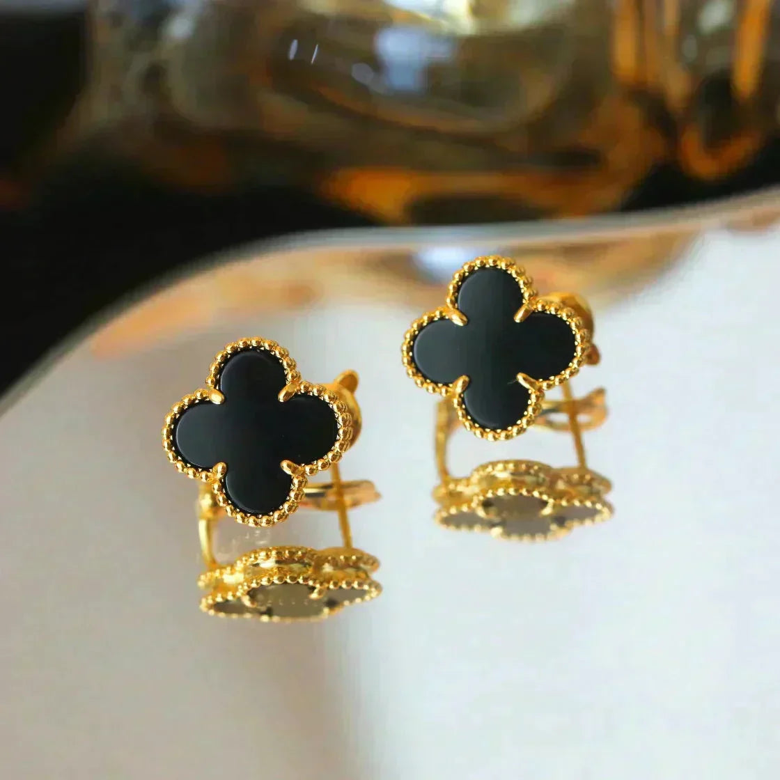 [Renovia Jewelry]CLOVER MEDIUM 1 MOTIFS  ONYX STUD EARRINGS