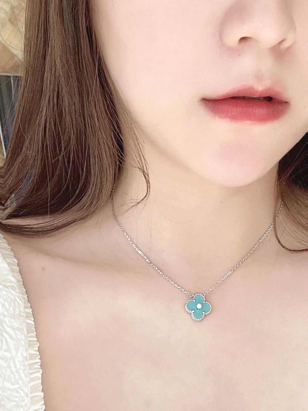 [Renovia Jewelry]CLOVER 1 DIAMOND LIGHT BLUE SILVER NECKLACE