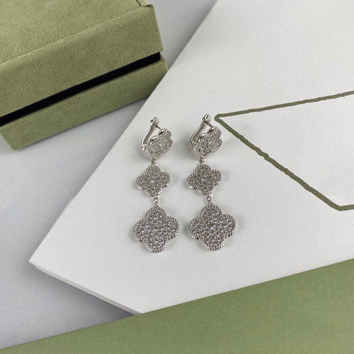 [Renovia Jewelry]CLOVER 3 MOTIF DIAMOND SILVER DROP EARRINGS