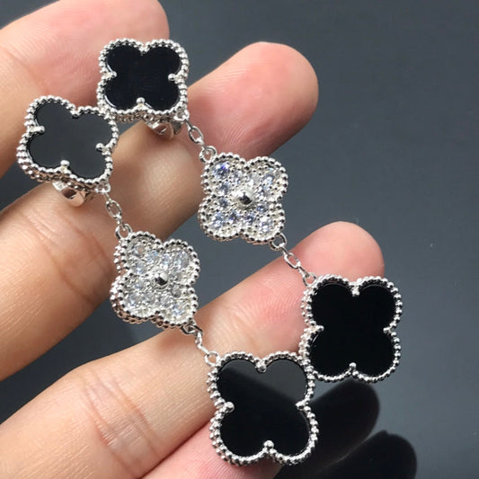 [Renovia Jewelry]CLOVER 3 MOTIF DIAMOND ONYX SILVER EARRINGS