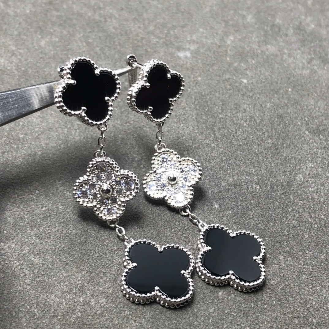 [Renovia Jewelry]CLOVER 3 MOTIF DIAMOND ONYX SILVER EARRINGS