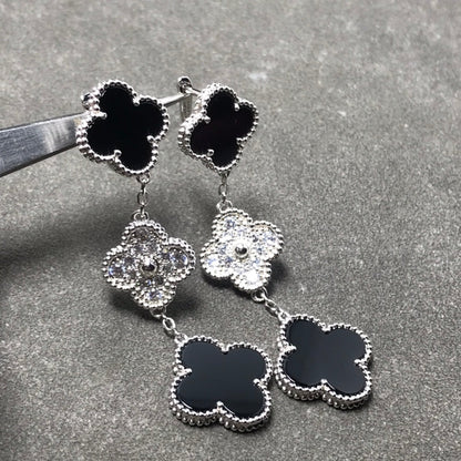 [Renovia Jewelry]CLOVER 3 MOTIF DIAMOND ONYX SILVER EARRINGS