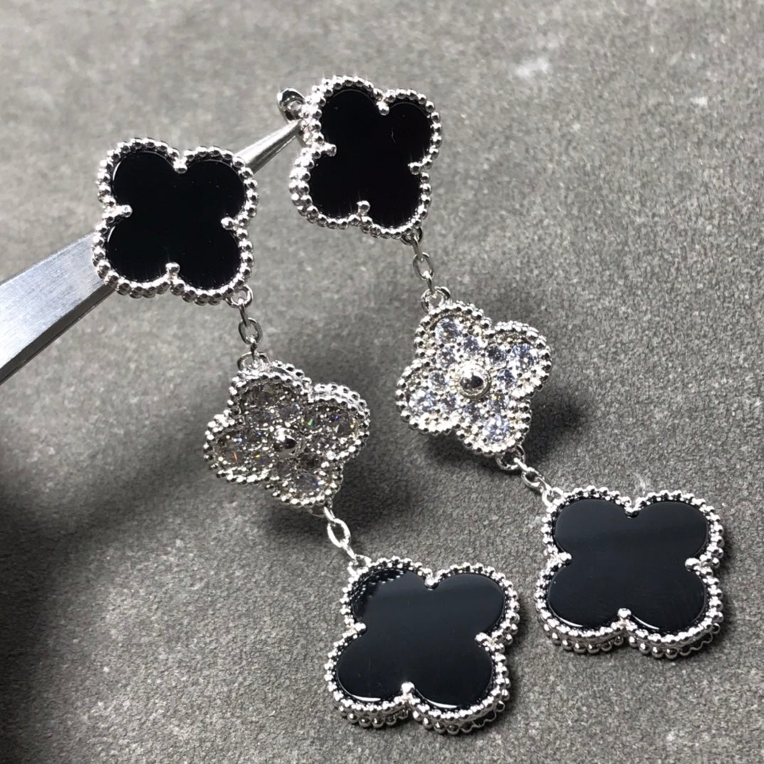 [Renovia Jewelry]CLOVER 3 MOTIF DIAMOND ONYX SILVER EARRINGS