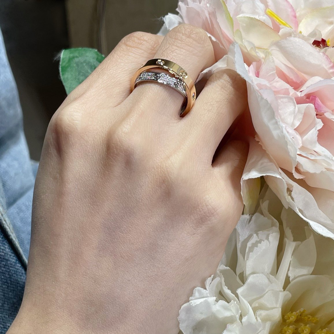 [Renovia Jewelry]LOVE PINK GOLD SILVER DIAMOND DOUBLE RING