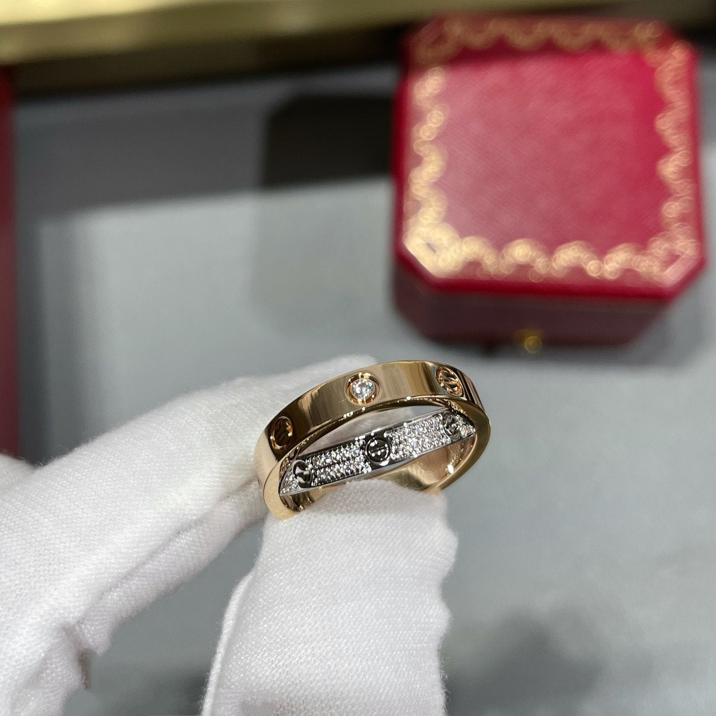 [Renovia Jewelry]LOVE PINK GOLD SILVER DIAMOND DOUBLE RING