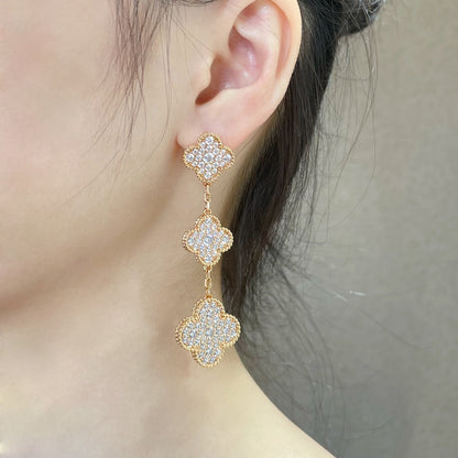 [Renovia Jewelry]CLOVER 3 MOTIFS DIAMOND PAVED ROSE GOLD EARRINGS