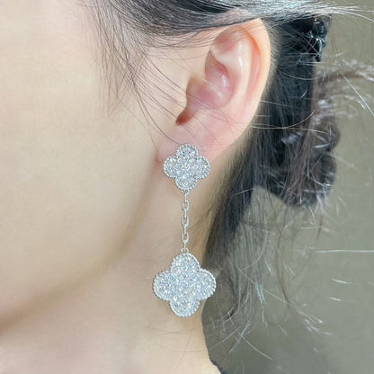 [Renovia Jewelry]CLOVER 2 MOTIFS DIAMOND PAVED SILVER EARRINGS