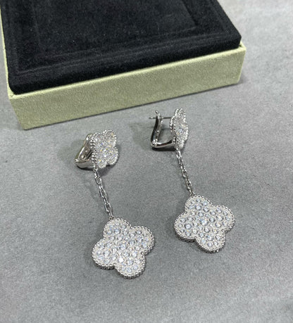 [Renovia Jewelry]CLOVER 2 MOTIFS DIAMOND PAVED SILVER EARRINGS