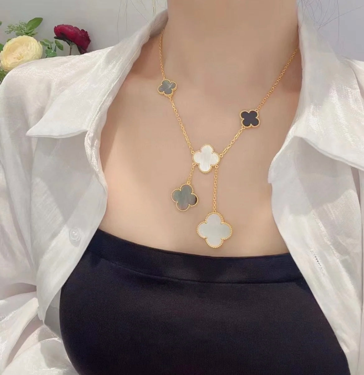 [Renovia Jewelry]CLOVER 6 MOTIF MOP ONYX GOLD NECKLACE