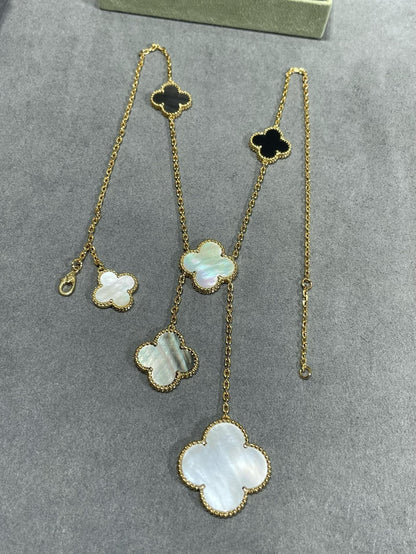 [Renovia Jewelry]CLOVER 6 MOTIF MOP ONYX GOLD NECKLACE