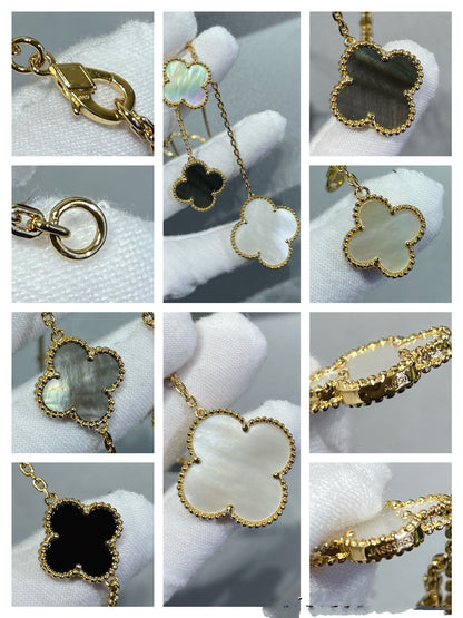 [Renovia Jewelry]CLOVER 6 MOTIF MOP ONYX GOLD NECKLACE