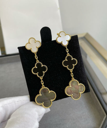 [Renovia Jewelry]CLOVER 3 MOTIF MOP ONYX DARK MOP PINK GOLD EARRINGS