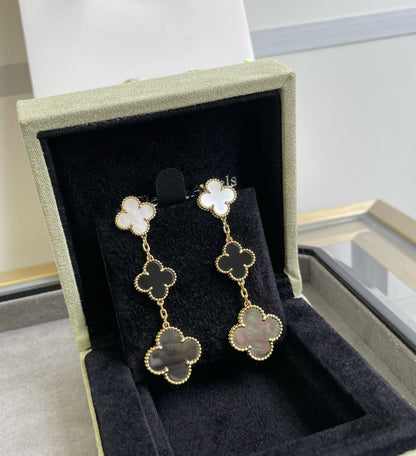 [Renovia Jewelry]CLOVER 3 MOTIF MOP ONYX DARK MOP PINK GOLD EARRINGS