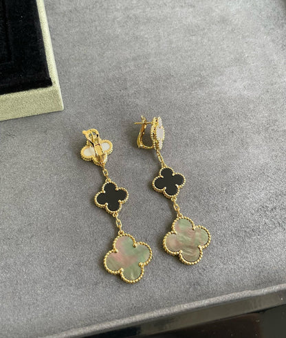 [Renovia Jewelry]CLOVER 3 MOTIF MOP ONYX DARK MOP PINK GOLD EARRINGS