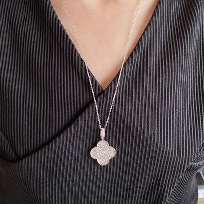 [Renovia Jewelry]CLOVER 25MM LARGE PEDANT DIAMOND PAVED LONG NECKLACE