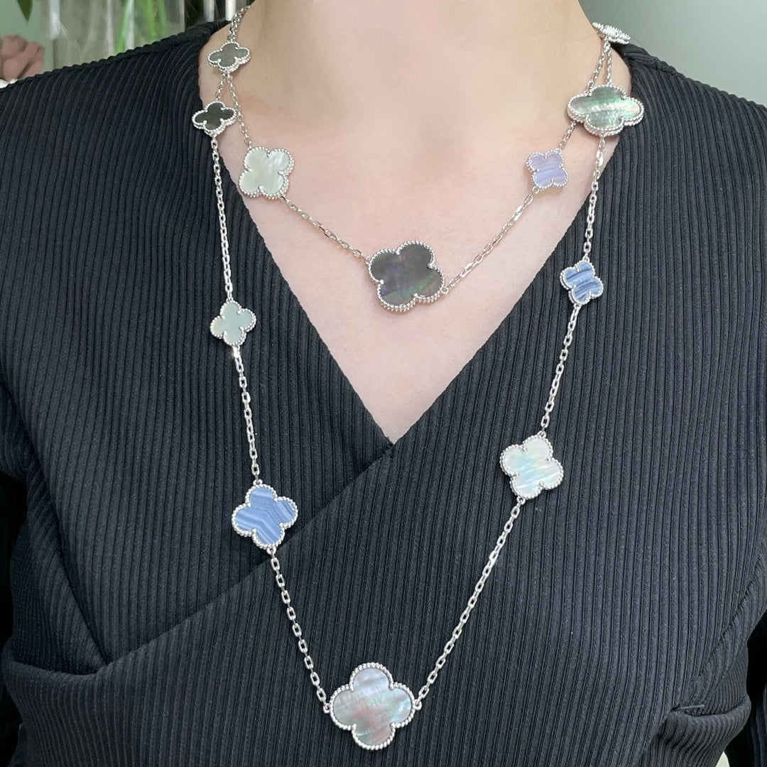 [Renovia Jewelry]CLOVER 16 MOTIF CHALCEDONY MOP SILVER NECKLACE