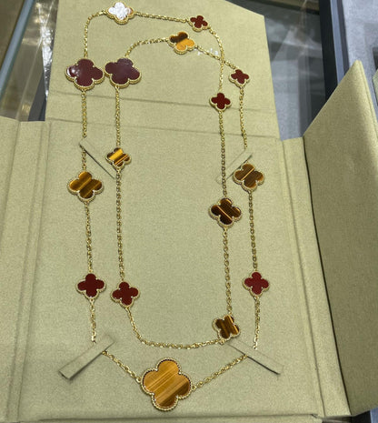 [Renovia Jewelry]CLOVER 16 MOTIF CARNELIAN TIGER EYE ROSE GOLD NECKLACE