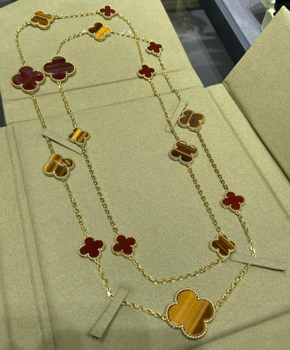 [Renovia Jewelry]CLOVER 16 MOTIF CARNELIAN TIGER EYE ROSE GOLD NECKLACE
